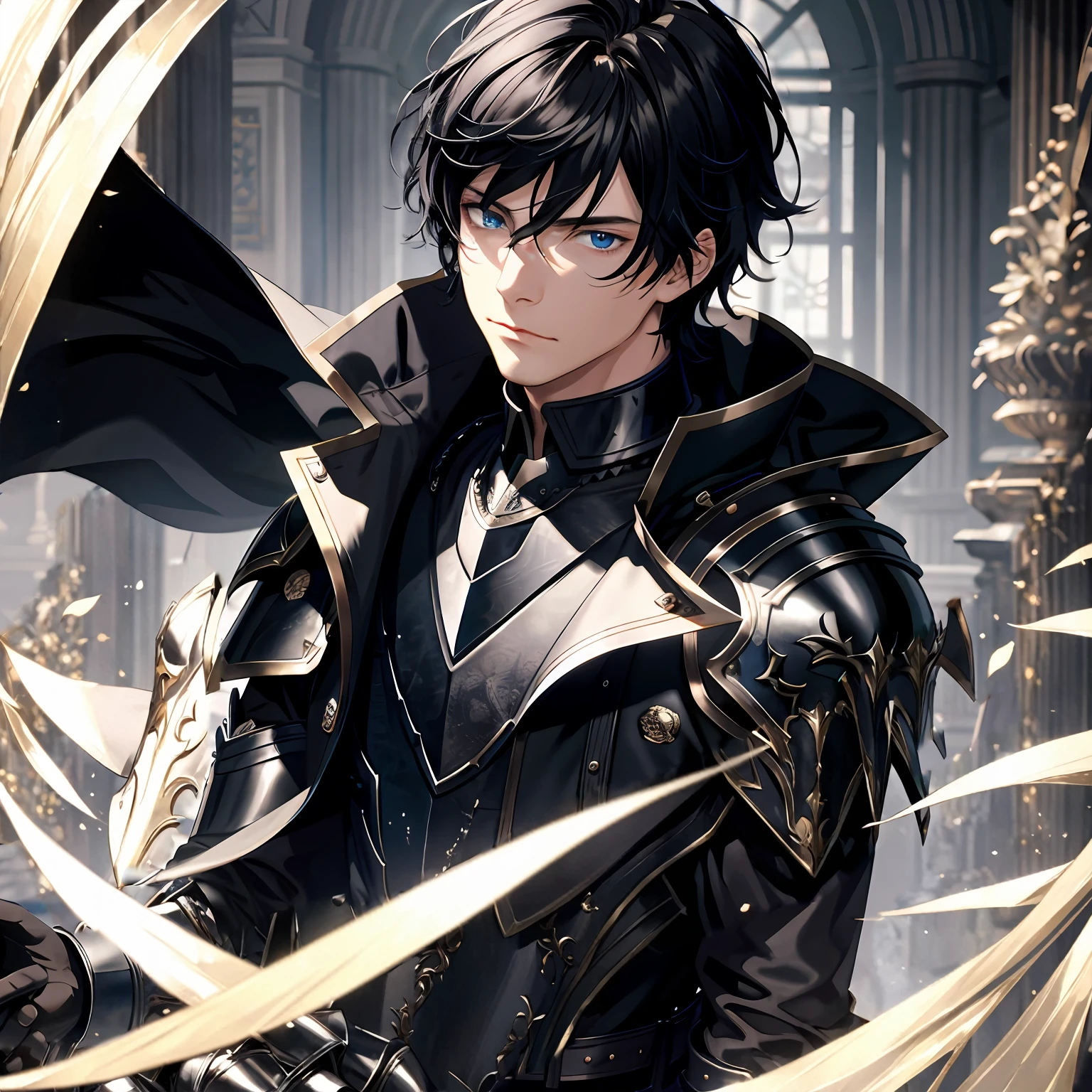 masterpiece, best quality, 1man, adult, male focus, solo, medium hair, black hair,, looking at viewer, cape, High quality metal texture, overcoat, closed mouth, upper body, bangs, high collar,(kbxll:0.6), Fantasy aesthetics, Highly detailed, shadowverse style, armored gloves, metallic gloves, black armor