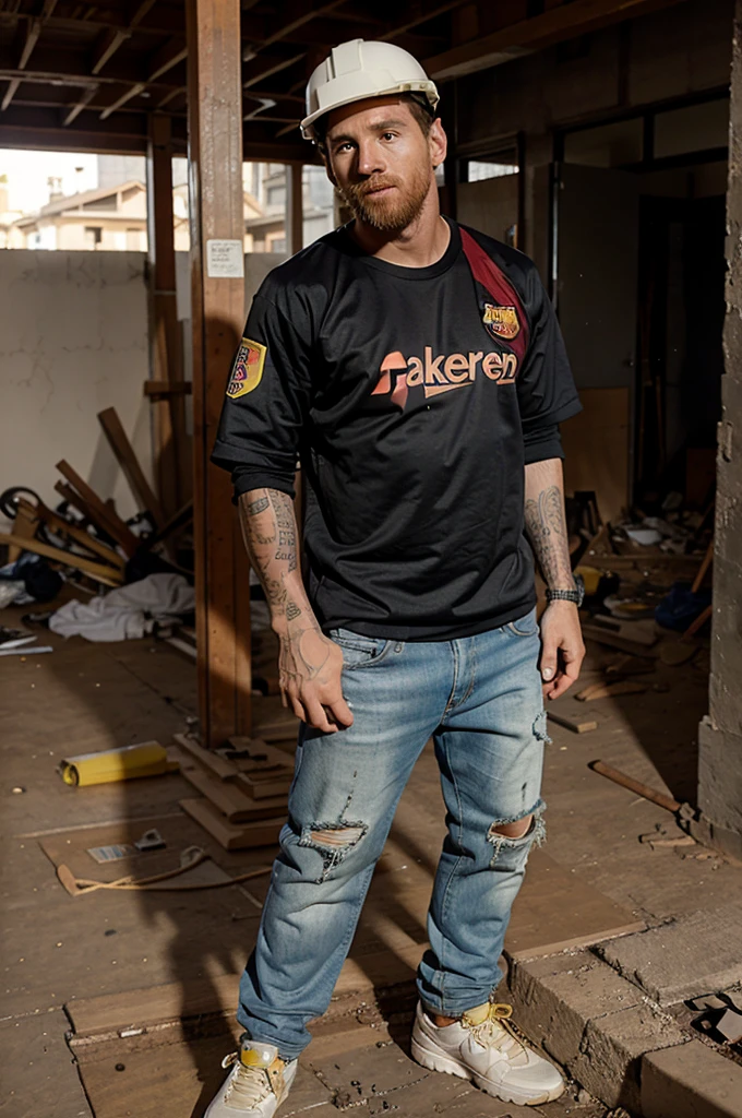 Messi is a construction worker with torn clothes