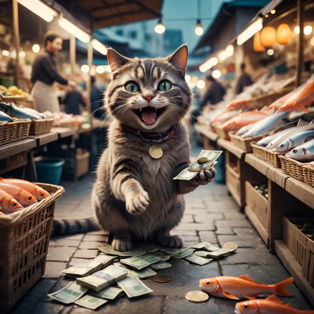 Cinematic still of cat buying fish with money in paws, shopping with laughing in a market. Shallow depth of field, vignette, highly detailed, high budget, bokeh, Cinemascope, moody, epic, gorgeous, film grain, grainy