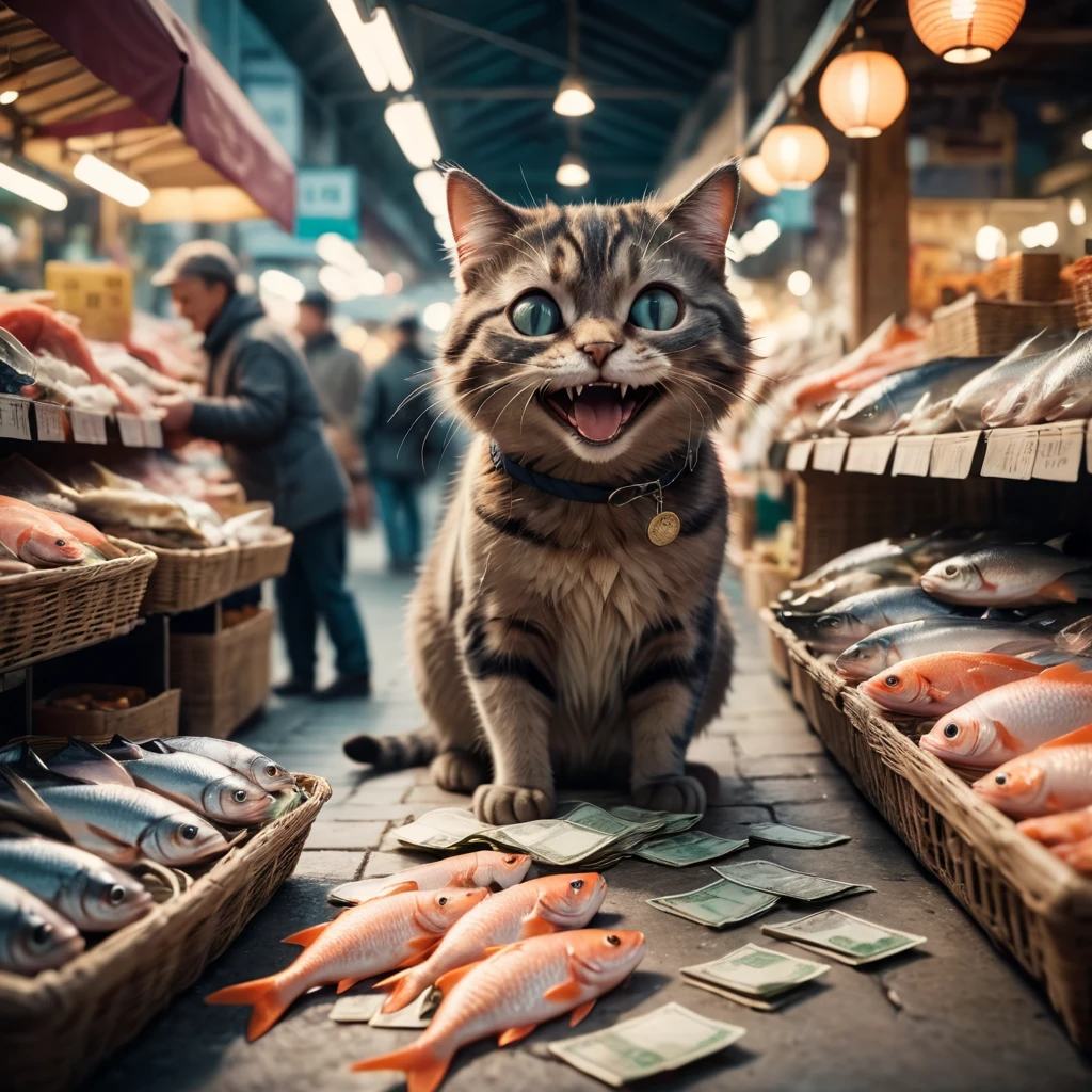 Cinematic still of cat buying fish with money in paws, shopping with laughing in a market. Shallow depth of field,  vignette,  highly detailed,  high budget,  bokeh,  Cinemascope,  moody,  epic,  gorgeous,  film grain,  grainy
