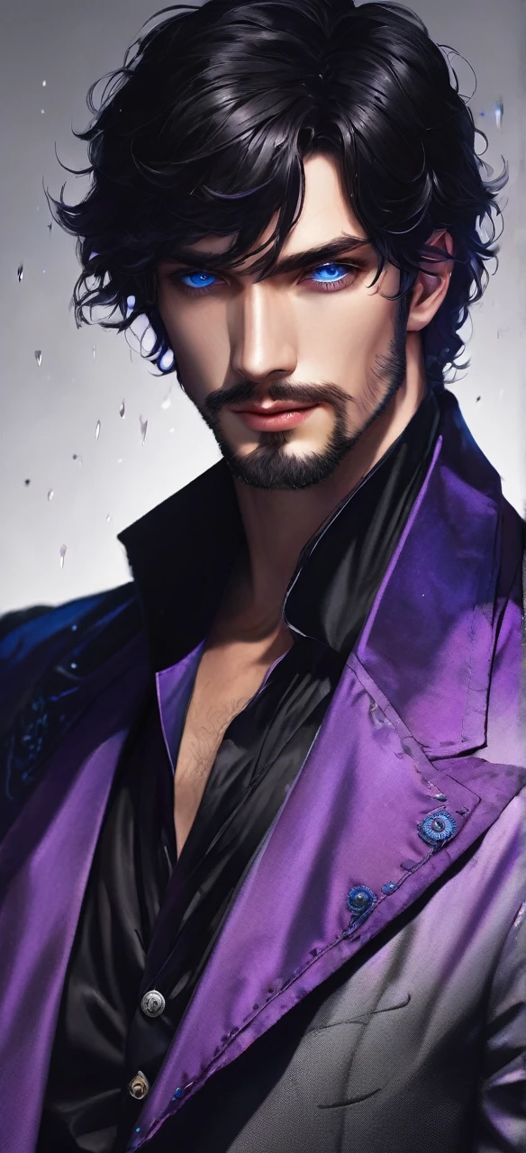 ((man)) (male), perfect face, evil smile, insane, crazy, black raincoat, Black suit, one young male, beautiful , dark hair, Blue eyes, and beard purple victorian shirt, purple frill, Beautiful face, dark hair,, detailed hair, Blue eyes, Beautiful eyes