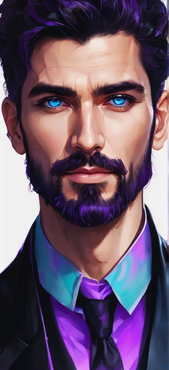 ((man)) (male), perfect face, evil smile, insane, crazy, black raincoat, Black suit, one young male, beautiful , dark hair, Blue eyes, and beard purple victorian shirt, purple frill, Beautiful face, dark hair,, detailed hair, Blue eyes, Beautiful eyes