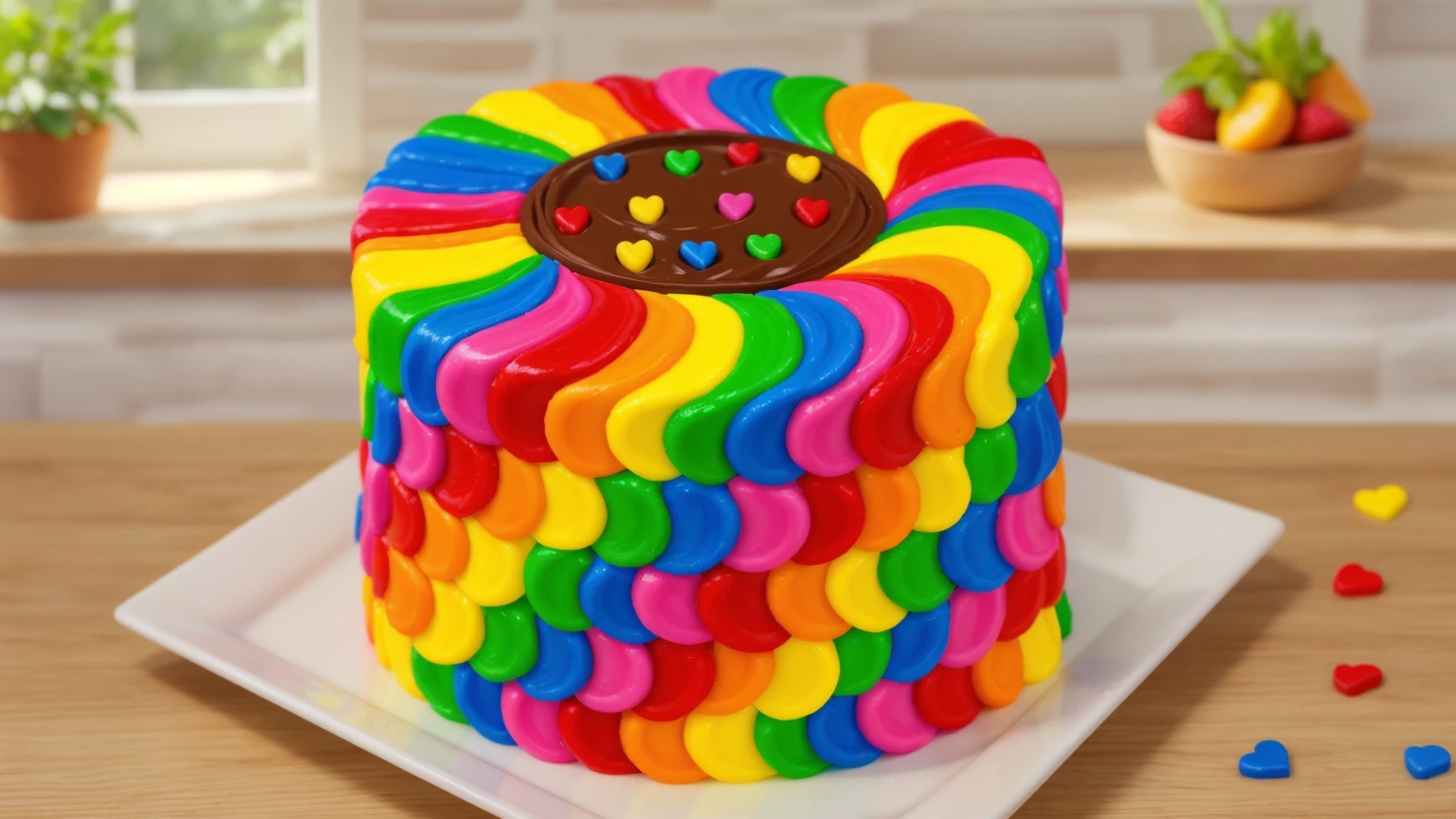 on a wooden table. there is a square white plate. rainbow cream cake. smears of cream in a checkerboard pattern, hole with chocolate drips on top, ((cream highlights)), there are rainbow plastic hearts on the table, against the background of the kitchen, window in the background, vases with plants, Fruit basket, Beautiful light from the window, contour light, Multiple light sources, beautiful sunlight, Bright light source, bright lighting, beautiful light sources, Multiple light sources, Realistic style , realistic texture, detailed texture, A high resolution, high quality, macro photography