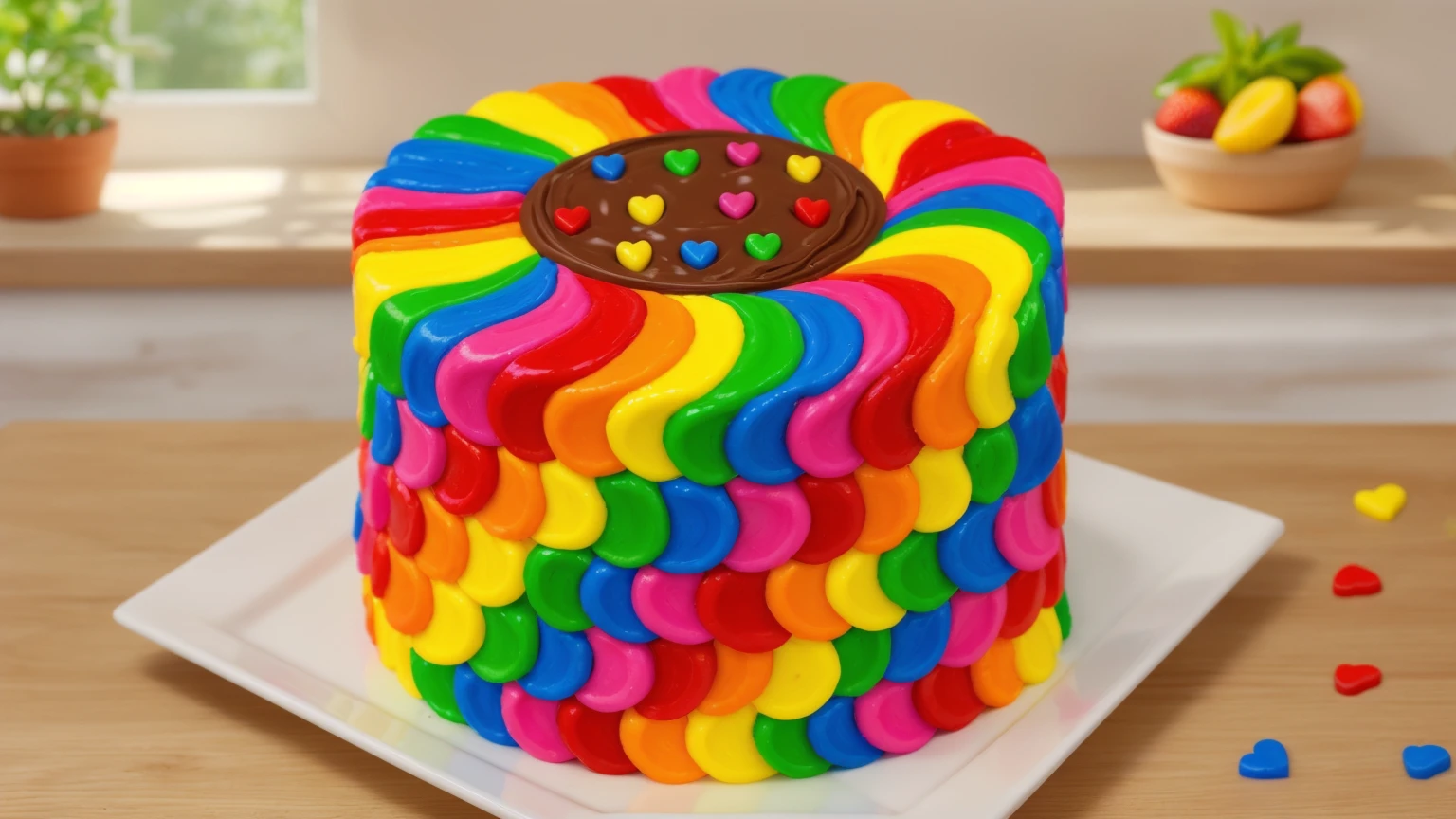 on a wooden table. there is a square white plate. rainbow cream cake. smears of cream in a checkerboard pattern, hole with chocolate drips on top, ((cream highlights)), there are rainbow plastic hearts on the table, against the background of the kitchen, window in the background, vases with plants, Fruit basket, Beautiful light from the window, contour light, Multiple light sources, beautiful sunlight, Bright light source, bright lighting, beautiful light sources, Multiple light sources, Realistic style , realistic texture, detailed texture, A high resolution, high quality, macro photography