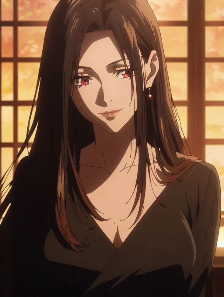 1girl, anime screencap from jujutsu kaisen, solo, very long_hair, ((smooth texture hair)) purple eyes, ((length_hair, black_hair, very_length_hair, elegant hairstyle, red_eye)), breasts, upper_body, smile, forest background, black_eyes, lips, (( length_hair, black_hair, very_length_hair, elegant hairstyle,red_eye)) wearing black color clothes, breast, "very detailed and high resolution" (red eyes) ((cross arms))  ((smooth texture hair)) ((solo)) ((high resolution)) (Good quality) 