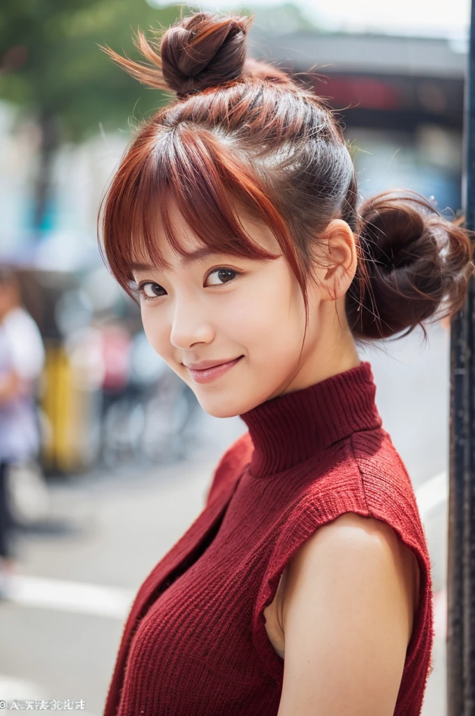 Top quality, 1 beautiful woman, (Bun Hair:1.3), red hair, wearing Camisole, shy-smile, upper body, at street