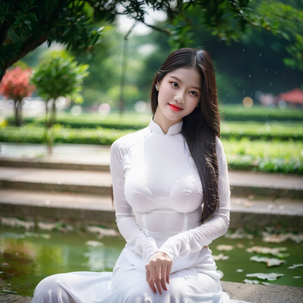 ((Ao Dai with bra inside, big breasts, beautiful breasts, sitting in the rain, 8k quality photo with good details))
