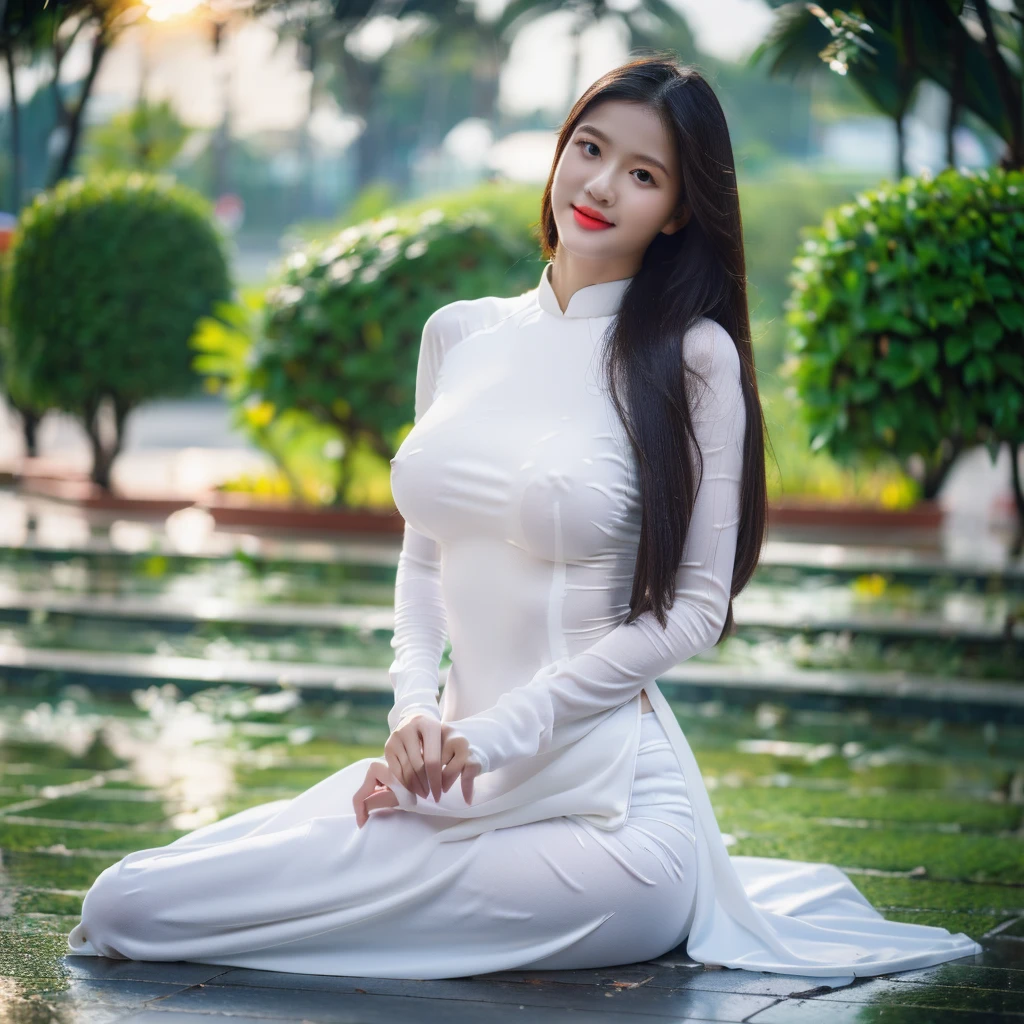 ((Ao Dai with bra inside, big breasts, beautiful breasts, sitting in the rain, 8k quality photo with good details))