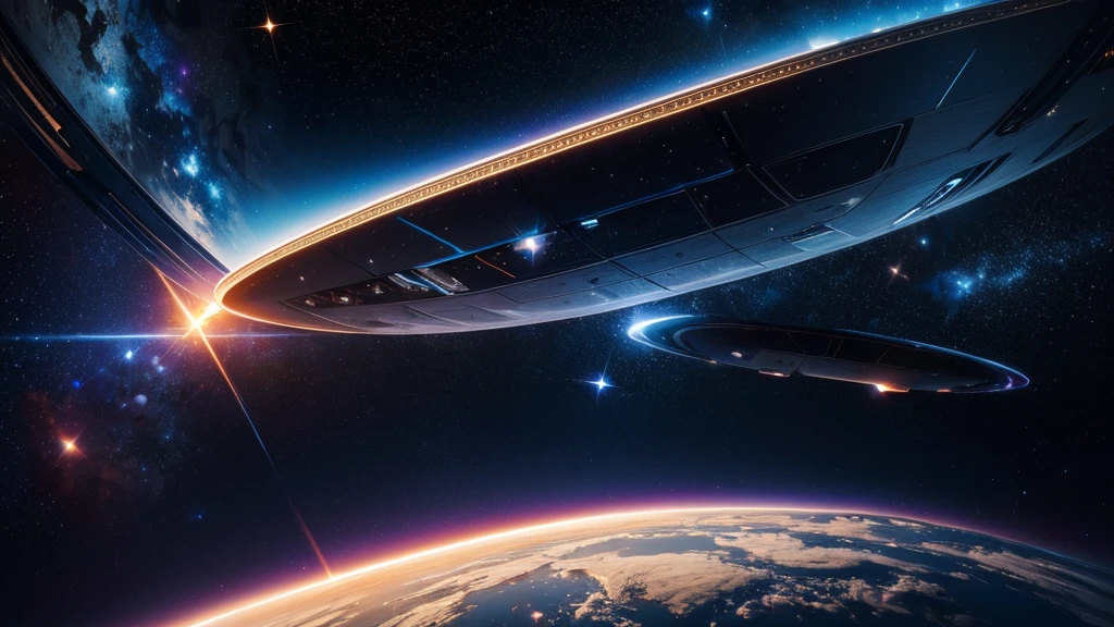 ((Masterpiece))，(Best quality))，Magnificent space image scene，heavenly body，Interstellar，Huge star gates，Spaceship，Shining starry sky，8K，super-fine，high qulity