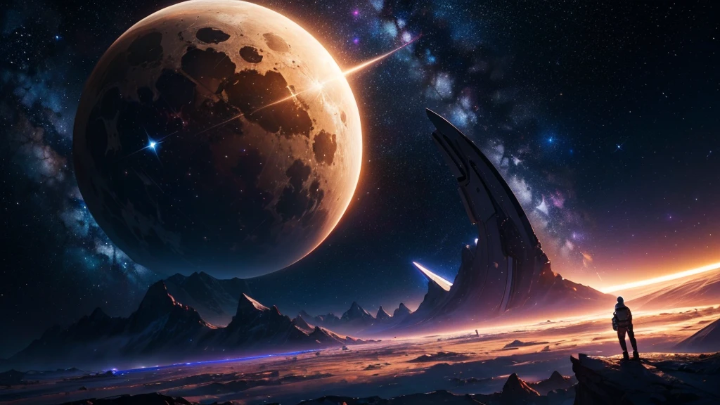 ((Masterpiece))，(Best quality))，Magnificent space image scene，heavenly body，Interstellar，Huge star gates，Spaceship，Shining starry sky，8K，super-fine，high qulity