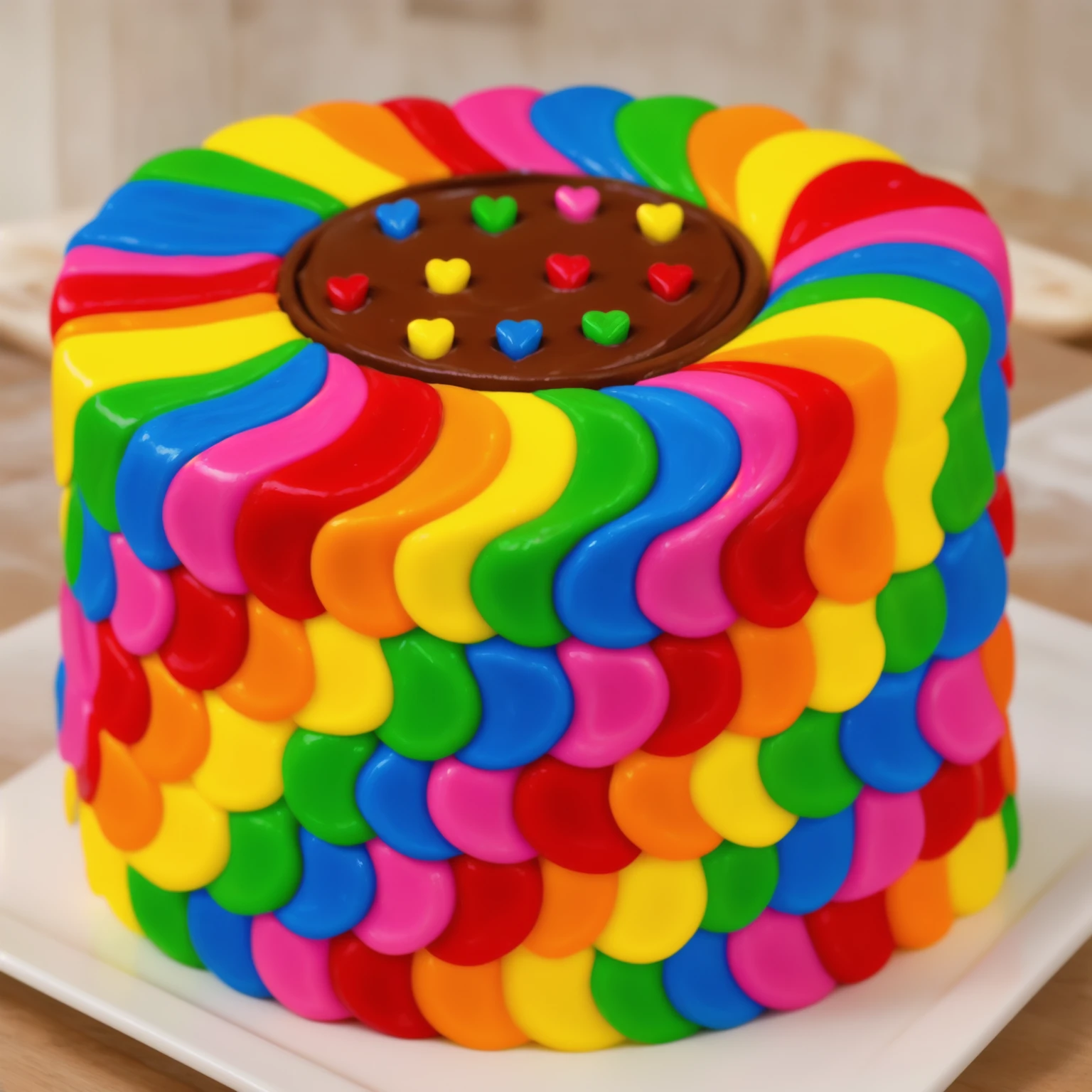 on a wooden table. there is a square white plate. rainbow cream cake. smears of cream in a checkerboard pattern, hole with chocolate drips on top, ((cream highlights)), against the background of the kitchen, window in the background, vases with plants, Fruit basket, Beautiful light from the window, contour light, Multiple light sources, beautiful sunlight, Bright light source, bright lighting, beautiful light sources, Multiple light sources, Realistic style , realistic texture, detailed texture, A high resolution, high quality, macro photography