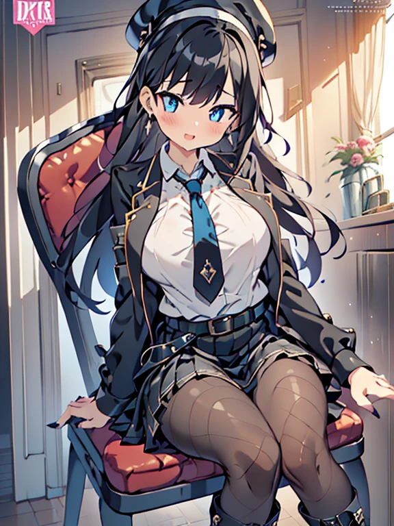 (from below:1.2),(Beautiful Allafed Woman),(((emphasizing breasts:1.0))),(Dynamic angles),(Dynamic and sexy bending pose:1.3),(sit a chair:1.3),(masterpiece:1.2), (Military uniform magazine cover:1.4),best quality,PIXIV,Sweet girl , sexy posture,1girl, (perky chest:1.2), rolling upskirt by wind:1.6, (with sparkling eyes and a contagious smile),open mouth, (pointed chest:1.2),fishnets, black hair, boots, long hair, black nails, skirt, shirt, solo, black footwear, bag, black skirt, jewelry, sitting, jacket, on head, black jacket, thigh strap, bangs, necktie, earrings, nail polish, white shirt, fishnet pantyhose, pantyhose, platform footwear, multicolored hair, looking at viewer, full body, bottle, own hands together, belt, jacket on shoulders, food, animal on head, black necktie, ring, choker, english text, collared shirt, blue eyes, platform boots, hat, cross-laced footwear, lace-up boots ,A scene of cooking in the kitchen