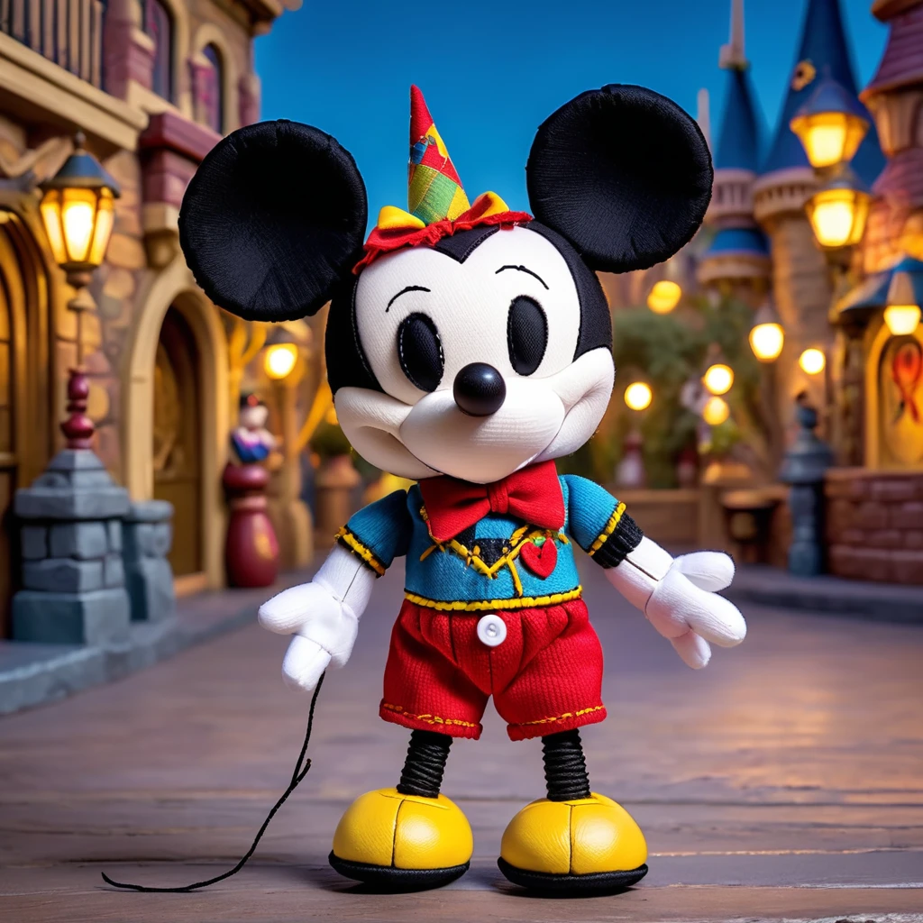 (knitted toy voodoo doll:1.9), (voodoo Mickey Mouse:1.3), (Clothing: classic Mickey Mouse outfit with red shorts, yellow shoes, white gloves:1.0), (Accessories: small magic wand, mouse ears:1.1), (background: Disneyland with castle and colorful lights:1.2), best quality, masterpiece, detailed soft oil painting, detailed background, dramatic cinematic lighting, soft edge lighting, professional, dramatic lighting, hard edge lighting, ultra quality, 4k, masterpiece, best quality, 8k, ultra high definition, high resolution, extremely detailed