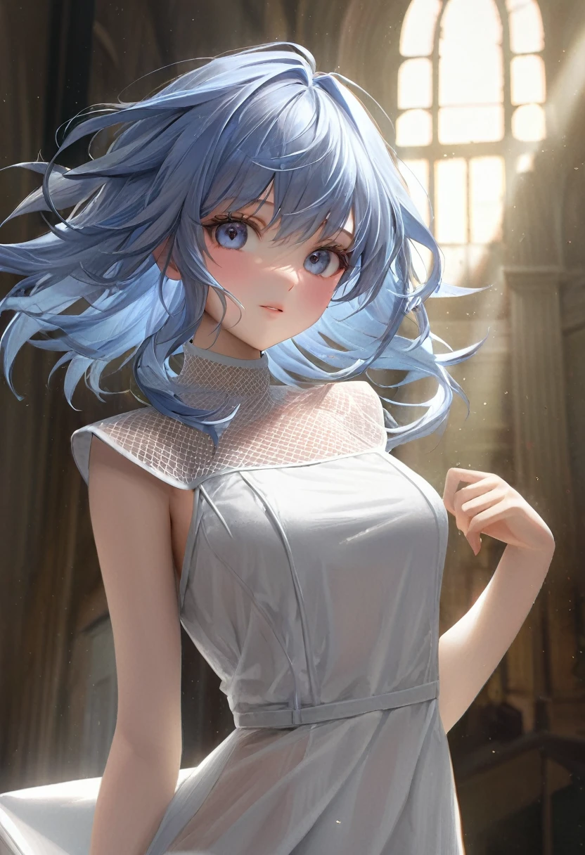 (Highest quality, masterpiece: 1.3, high resolution,), (highly detailed, caustics), (photorealistic: 1.4, RAW shooting) Ultra-realistic capture, highly detailed, high resolution 16K suitable for human skin, one girl, natural skin texture, fair skin, light blue hair with white mesh, gyaru,RPG-like outfits