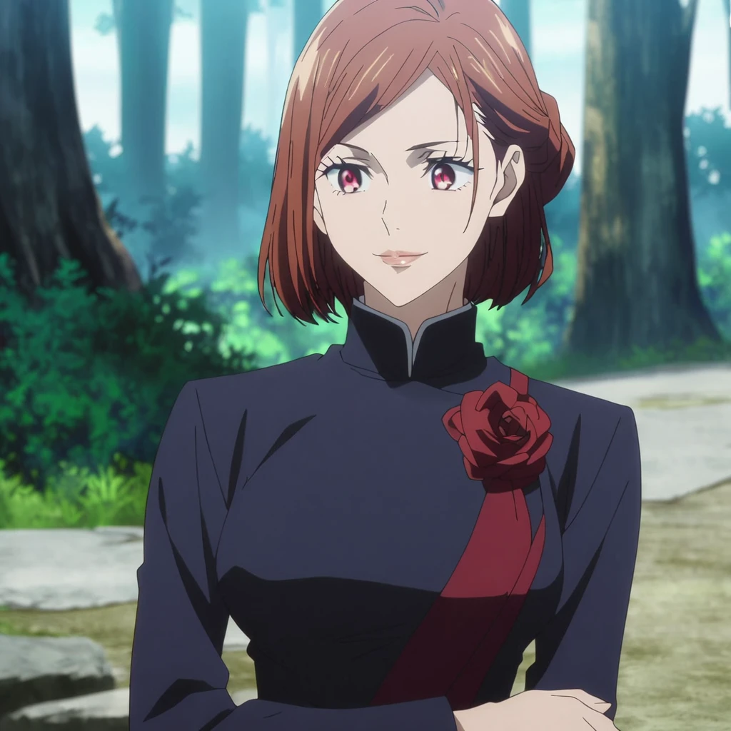 1girl, anime screencap from jujutsu kaisen, solo, very long_hair, ((smooth texture hair)) purple eyes, ((elegant hairstyle, red_eye)), breasts, upper_body, smile, forest background, black_eyes, lips, ((elegant hairstyle,red_eye)) wearing black color clothes, breast, "very detailed and high resolution" (red eyes) ((cross arms))  ((smooth texture hair)) ((solo)) ((high resolution)) (Good quality) 