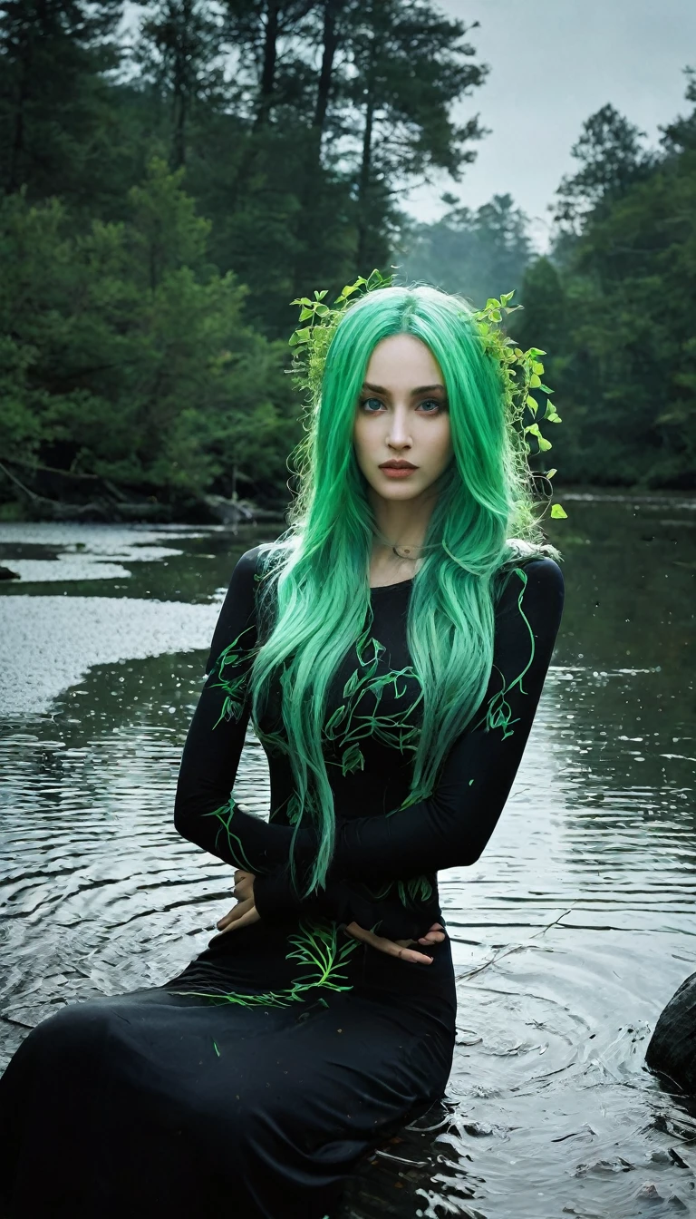divine beautiful dlyad girl, long green hair, large breasts, full body, personified, fantasy, excellent ???????, leaves, weeds, sprouts, trees, soil, ethereality, psychedelic, masterpiece 