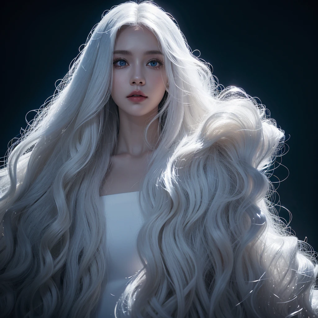 1 woman, White long curly hair,Natural and beauty hair, clean and beauty. White hair. Blue natural eyes. Black clothes. Black, shadows. Night. Fondo oscuro, sin luz. Mortem. La muerte.