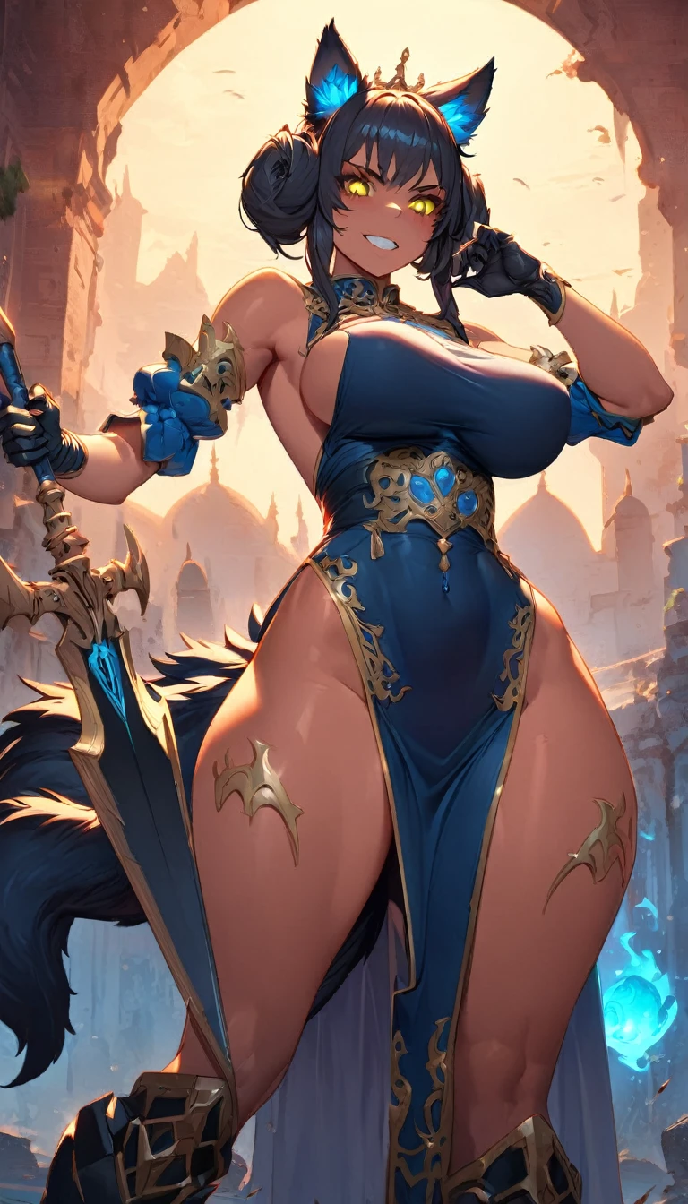 best quality,4k,8k, highres, masterpiece:1.2), ultra-detailed, extremely detailed eyes, extremely detailed body, (large masterpiece digital art), (detailed manga illustration), (detailed line art), ((perfect anatomy)), (intricate details:1.3), (ultra-detailed:1.3), (illustration:1.3), (sharp focus:1.3), (natural lighting:1.05), (vivid colors:1.3), (masterpiece), (best quality:1.4), (perfect anatomy:1.4), high quality, expressive eyes, full body, detailed face, beautiful face, perfect face, 1girl, ((dark skin)), animal ears, black sclera, smile, colored sclera, breasts, solo, monster girl, black hair, (wolf ears), large breasts, curvy, wide hips, long hair, ((gold eyes)), claws, grin, fur, looking at viewer, collar, ((dynamic action pose)), tail, wolf tail, {dragon horns}, wings, sadistic smile, hair over eye, {regal outfit}, tiny crown, blue fire, curvy, china dress, dark skin, cinematic lighting, dramatic atmosphere, Beautiful woman, dragon spear in hand, Jeff Bridges, ((cartoon style)), Marvel Cinematic Universe style, (((hell castle in the background))), soft bokeh of hellscape, Atey Ghailan, Jeremy Mann, Greg Manchess, Antonio Moro, trend in ArtStation, trend in CGSociety, Intricate, High Detail, Sharp focus, dramatic and photorealistic painting art by Midjourney and Greg Rutkowski,