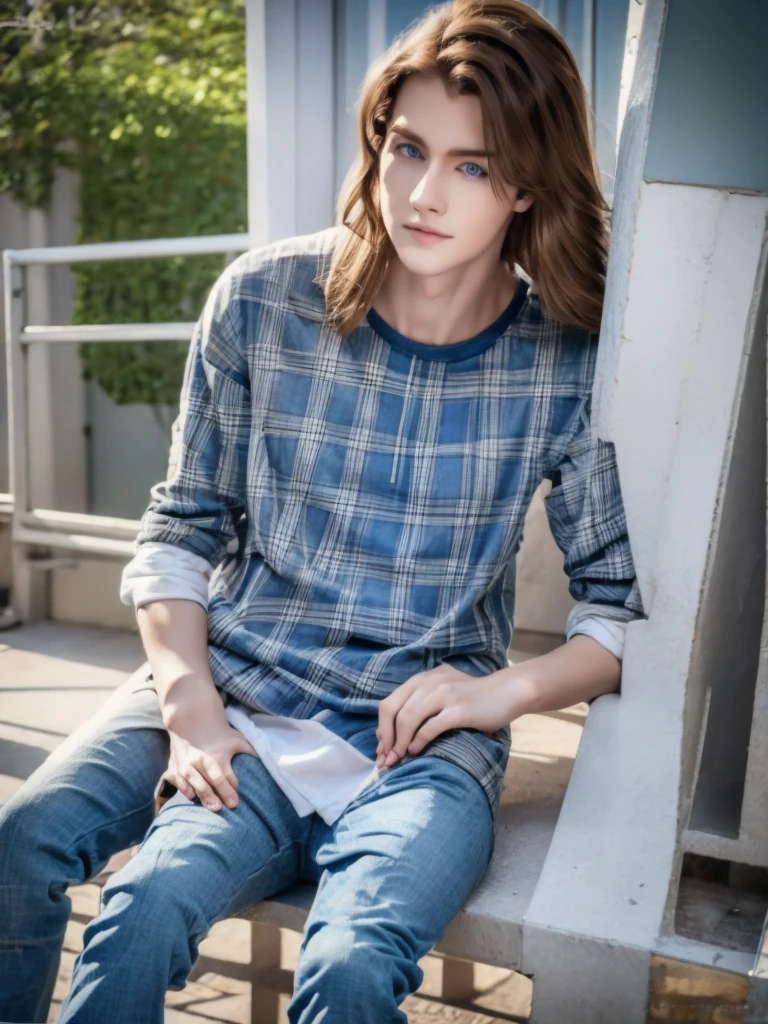 1 boy, beautiful face, brown wavy hair, blue eyes, pale skin, smooth realistic skin,full body, wearing skinny jeans, wearing plaid shirt and t shirt inside ,looks like model, pretty face, looks like , fluffy hair, outside background, skinny 