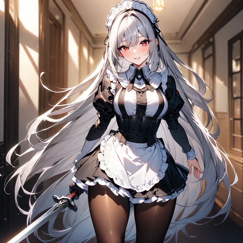 (masterpiece),(Highest quality),(Super detailed),(Best illustrations),(so beautiful), so beautiful長い脚,Silver Hair, Red eyes, Captivating smile, Very long hair, pantyhose, Maid, headdress, apron, mini skirt, sword guard stance