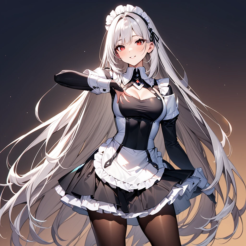 (masterpiece),(Highest quality),(Super detailed),(Best illustrations),(so beautiful), so beautiful長い脚,Silver Hair, Red eyes, Captivating smile, Very long hair, pantyhose, Maid, headdress, apron, mini skirt, sword guard stance