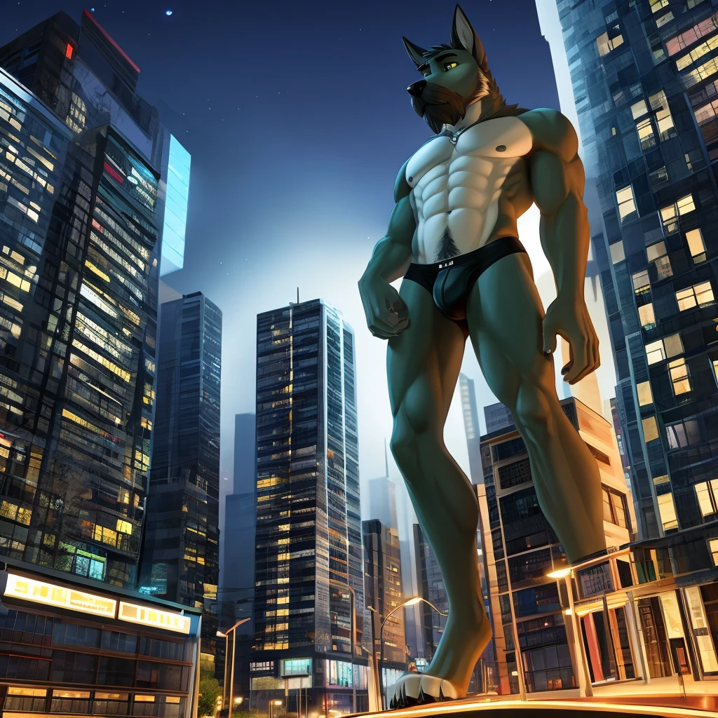 Standard schnauzer, Anthro, Furry, Wearing dark green Underwear, Slim, city And Night, his really Macro size his 80ft tall,
