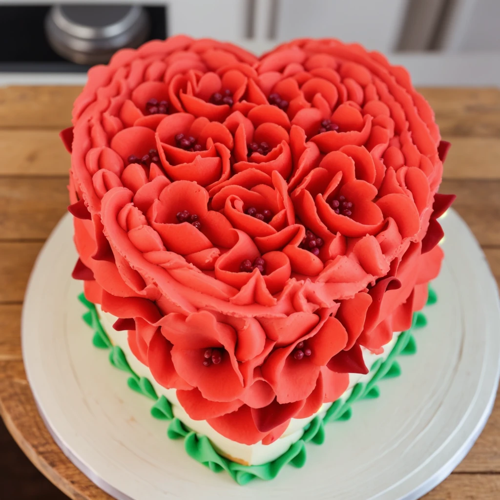 on a wooden table, a cream cake in the form of a heart, the lower part of the cake is made of green cream stars, a cream layers red white green, made of polymer clay, window light, bright lights, soft light, window light, professional lighting, light from the window, neat light, realistic texture, realistic style, detailed texture, high quality, high resolution, high quality rendering, realistic photo, brightning light, macro photo