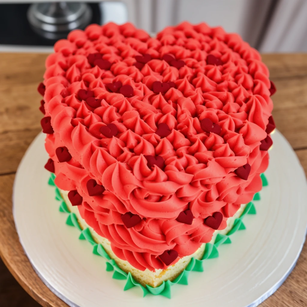 on a wooden table, a cream cake in the form of a heart, the lower part of the cake is made of green cream stars, a cream layers red white green, made of polymer clay, window light, bright lights, soft light, window light, professional lighting, light from the window, neat light, realistic texture, realistic style, detailed texture, high quality, high resolution, high quality rendering, realistic photo, brightning light, macro photo
