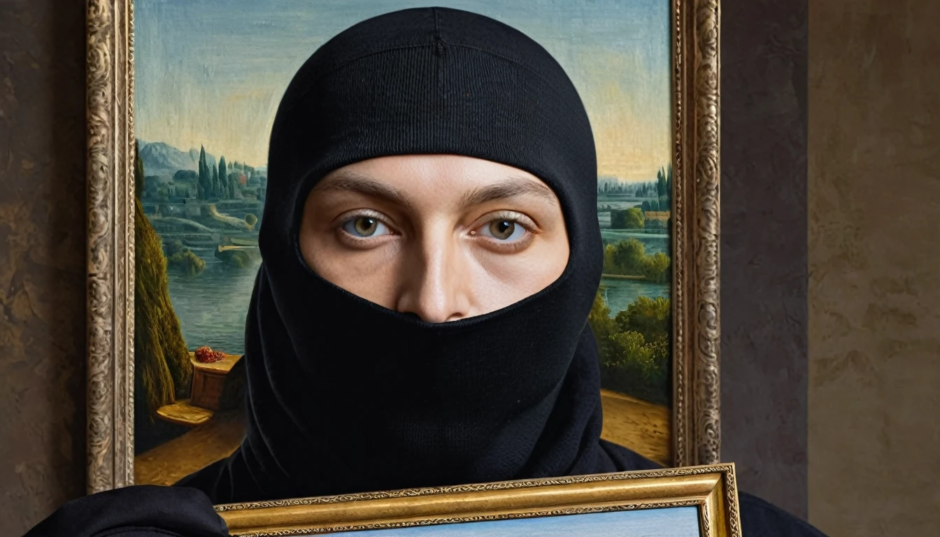 A character with his face covered with a black balaclava,  holding a painting of the monalisa , a close-up image, high quality, hyperrealistic, ultra detailed 