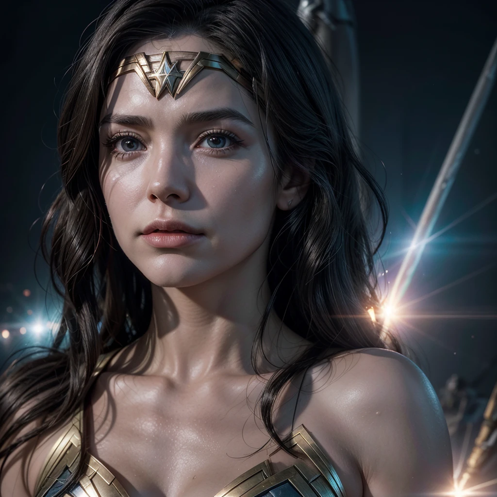 scene from the film, DC Wonder Woman Close-Up, Distorted Space, Distorted undead in the background, lens flares, light axes, details Intricate, highy detailed, volumetric lighting, 4k rendering, photoshot, hyperrealisti, lifelike textures, dramatic lighting, engine unreal