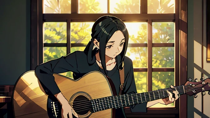 OshizuHebimoriR4, Black Hair, Green Eyes,The room is soft, When the sun sinks below the horizon、Glowing in gold. The gentle sounds of the guitar filled the air., The melody reflects the musician's quiet reflections..
sitting cross-legged on a fluffy rug, The guitarist was leaning against a decorative wooden window frame.. Their chiseled jawlines and strong, The distinctive features were illuminated by a warm light., Golden light coming through the window. A veil of privacy hangs over their faces., Their eyes sparkled with quiet enthusiasm., Lost in the rhythm of his own creation.