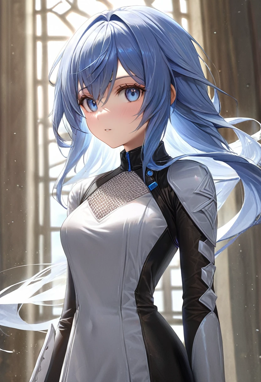 (Highest quality, masterpiece: 1.3, high resolution,), (highly detailed, caustics), (photorealistic: 1.4, RAW shooting) Ultra-realistic capture, highly detailed, high resolution 16K suitable for human skin, one girl, natural skin texture, fair skin, light blue hair with white mesh, gyaru,RPG-like outfits