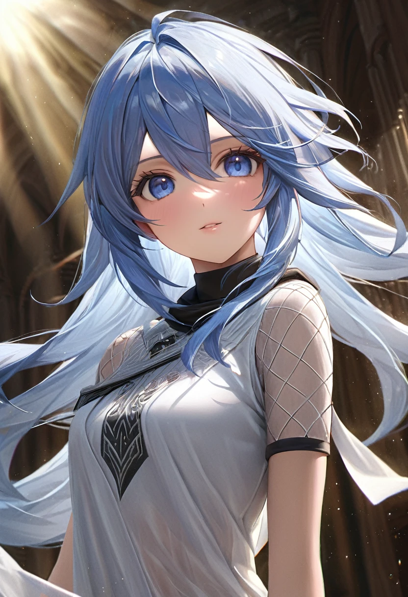 (Highest quality, masterpiece: 1.3, high resolution,), (highly detailed, caustics), (photorealistic: 1.4, RAW shooting) Ultra-realistic capture, highly detailed, high resolution 16K suitable for human skin, one girl, natural skin texture, fair skin, light blue hair with white mesh, gyaru,RPG-like outfits