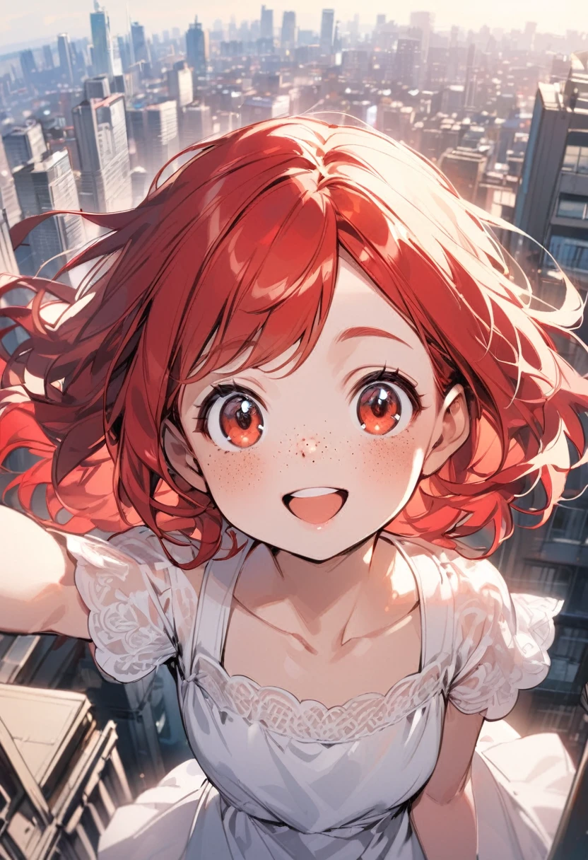 outdoors, young girl(red hair, freckles, big eyes, white dress), city background, happy