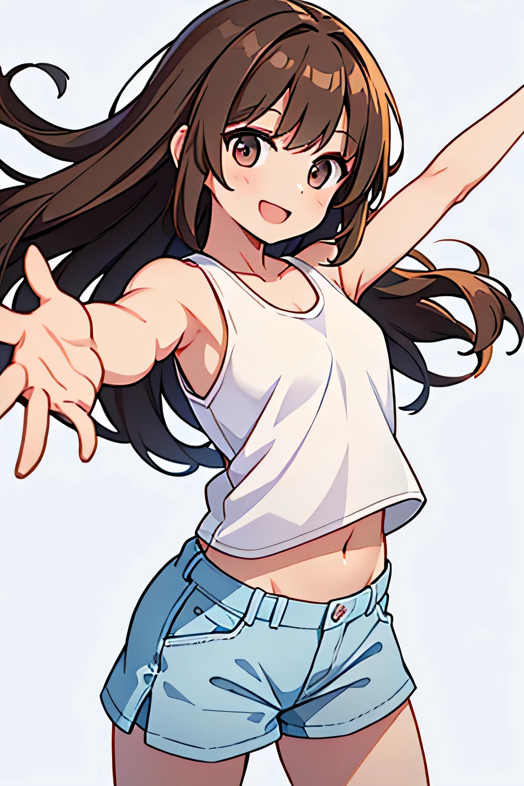 Woman in her 20s、cute、Hair is shoulder length、Brown Hair、White tank top、smile、Standing with arms outstretched、Background white、No background
