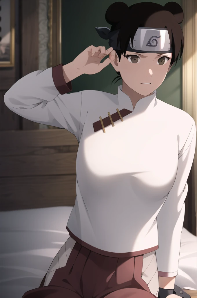 masterpiece, absurdres , (intricate details), (colorful),cinematic lighting,bust shot,extremely detailed CG unity 8k wallpaper,tenten\(shippuden\), 1girl, solo, hakama pants,white shirt, medium breasts, hand on hip,forehead protector, konohagakure symbol, headband, indoors, bedroom, bed, laying, naked, not wearing clothes, big breasts, vagina, pants half off, open jacket