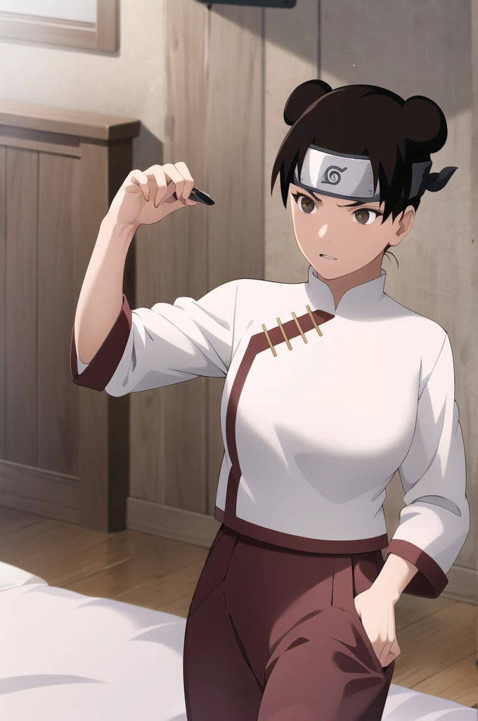 masterpiece, absurdres , (intricate details), (colorful),cinematic lighting,bust shot,extremely detailed CG unity 8k wallpaper,tenten\(shippuden\), 1girl, solo, hakama pants,white shirt, medium breasts, hand on hip,forehead protector, konohagakure symbol, headband, indoors, bedroom, bed, laying, naked, not wearing clothes, big breasts, vagina, pants half off, open jacket