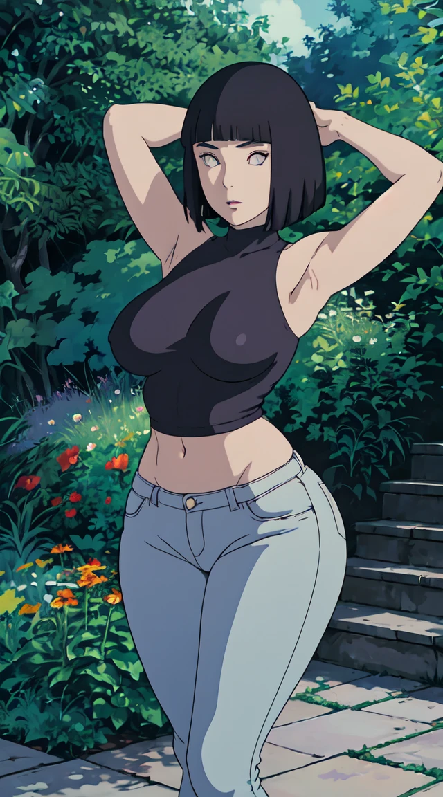 Masterpiece, stunning realistic, best quality, sharpness, 1 girl,closeup, onlyupperbody, (arms behind head:1.2) Black hair,purple eyes,ir,bobcut,red eyes,standing in a garden,sexy body,curvy body,huge breasts,whitout clothes,skinny jeans,studio Ghibli style Lora,Legs squat and wide open,Both legs wide open