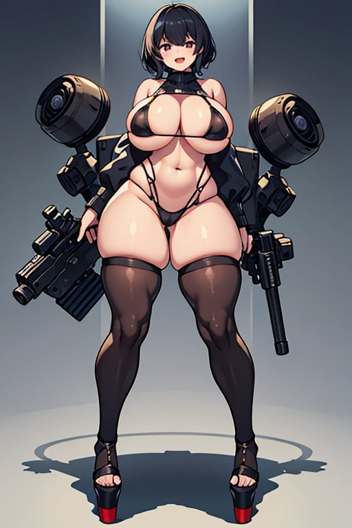 exited, smile, scream, Open mouth, young girl, Pullover, whole body to see, curly short hair, (( very wide hips)), (((colossal Thighs, gigantic thighs, very huge thighs, very big thighs))), fullbody, platform heels, pale skin, very Big breast, gun, soldier girl , full body, military , very small bikini, cyberpunk, battle, tight stockings, mini bikini,