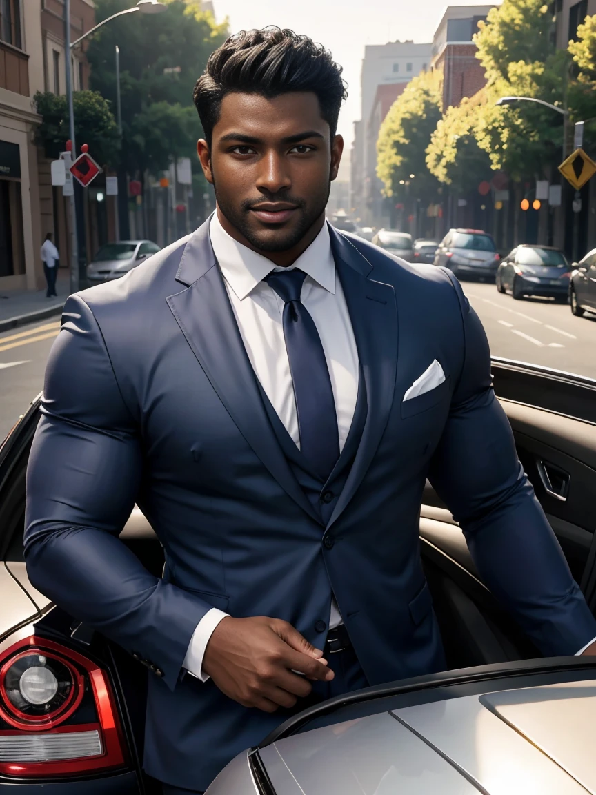 8k,8K resolution,2 Muscular Europeans, handsome man,charming eyes,dark skin,beautiful, smooth and shiny,Full muscles,Thick body hair, (wearing a stylish suit),big bag,emphasize,Driving a luxury convertible,The car is full of roses,Two men smiling happily,professional lighting,Professional photography,Realistic photos,realistic model,realistic art