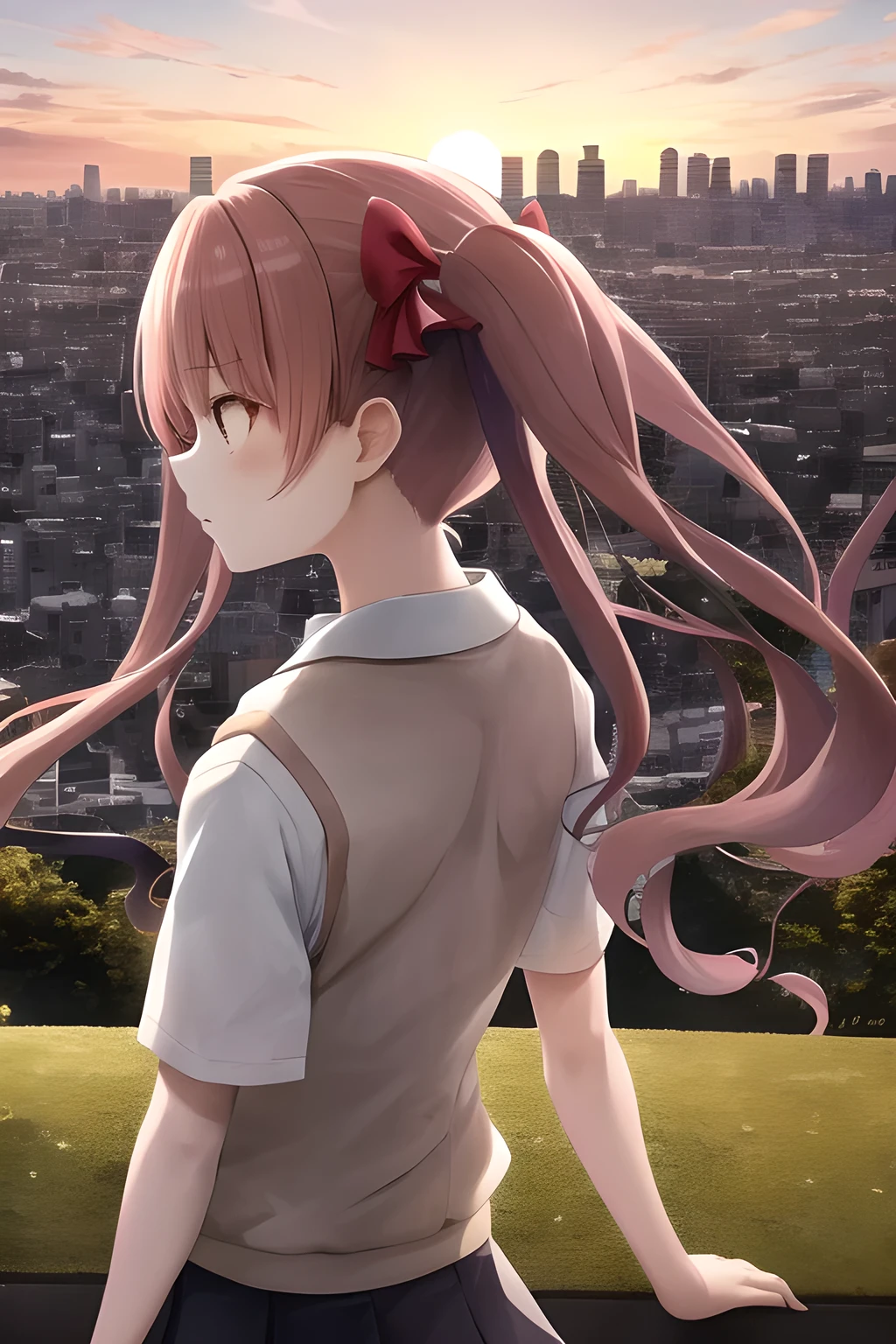 Twin Tails, shirai kuroko, tokiwadai school unifortm, on a small hill overlooking the city, nature, sunset, (face in profile), from behind, masterpiece, best quality, very aesthetic, absurdres,