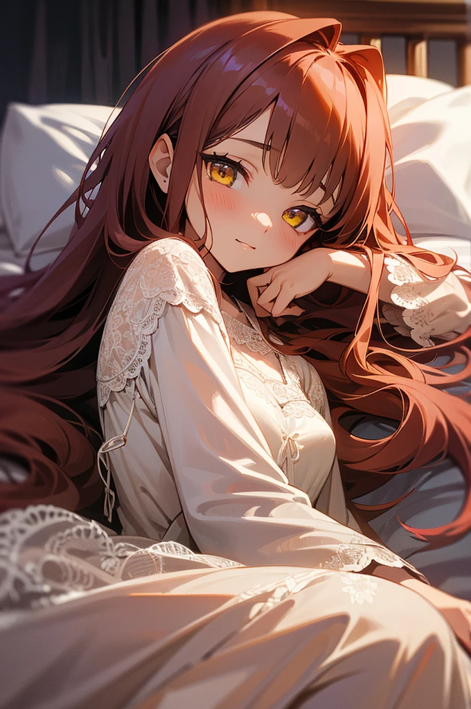 Cute face, girl, 12 years old, yellow eyes, silky red long hair, white lace nightgown, adorable expression, midnight, dark room, lying on bed in bedroom, gazing at the camera, upper body