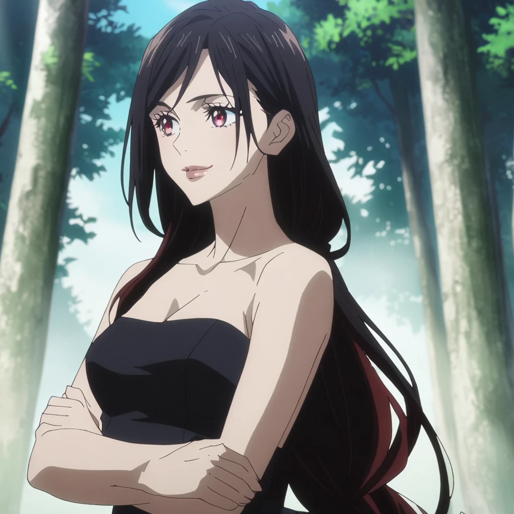 1girl, anime screencap from jujutsu kaisen, solo, very long_hair, ((smooth texture hair)) purple eyes, ((long hair, black hair, elegant hairstyle, red_eye)), breasts, upper_body, smile, forest background, red_eyes, lips, ((long black hair, elegant hairstyle,red_eye)) wearing black color clothes, breast, "very detailed and high resolution" (red eyes) ((cross arms))  ((smooth texture hair)) ((solo)) ((high resolution)) (Good quality) 