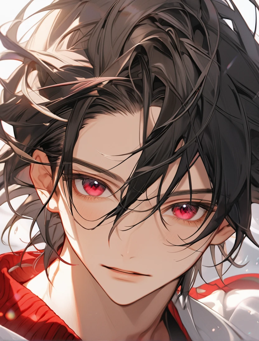 (Black_Hair), (red_ruby_eyes), (Handsome), (attractive), (male), (close_up_shot), (detailed_eyes), (detailed_hair), (clean_hair), (carefree_expression), (vertical_pupils), (jawline), (youthful_appearance)