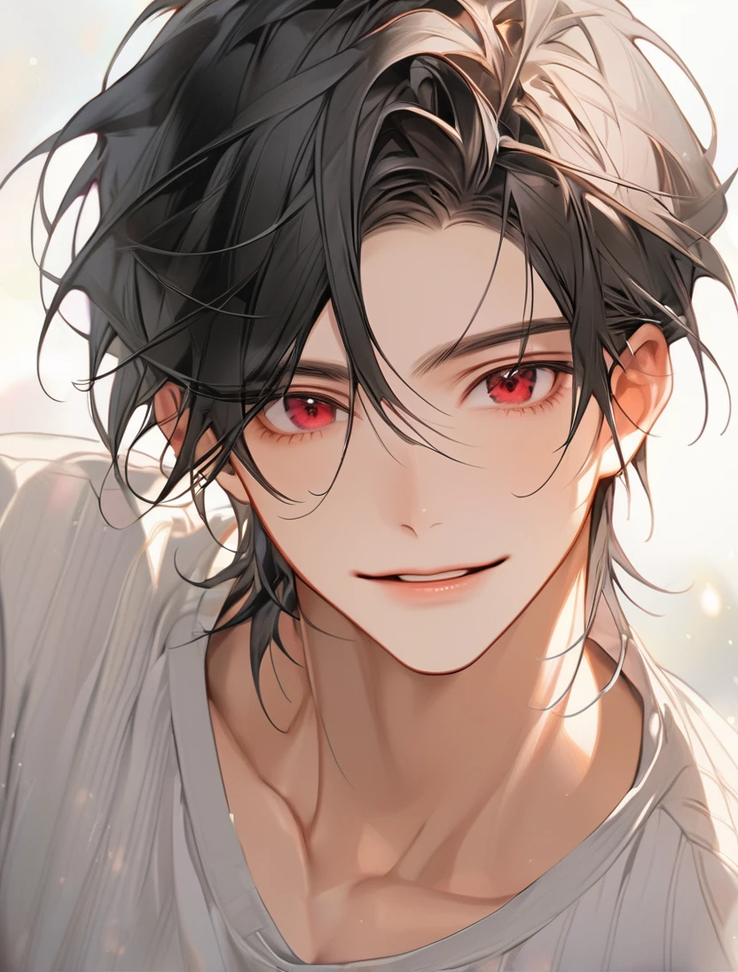 (Black_Hair), (red_ruby_eyes), (Handsome), (attractive), (male), (close_up_shot), (detailed_eyes), (detailed_hair), (clean_hair), (carefree_expression), (vertical_pupils), (jawline), (youthful_appearance)