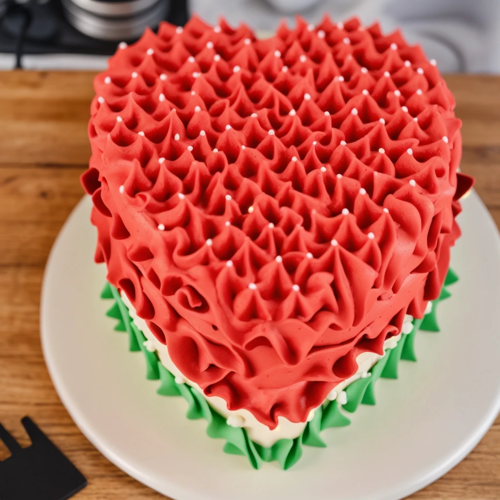 on a wooden table, a cream cake in the form of a heart, the lower part of the cake is made of green cream stars, a cream layers red white green, made of polymer clay, window light, bright lights, soft light, window light, professional lighting, light from the window, neat light, realistic texture, realistic style, detailed texture, high quality, high resolution, high quality rendering, realistic photo, brightning light, macro photo