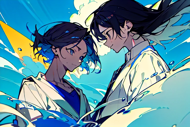 (Golden Ratio:1.2),[(Blue and white background:1.4)::10],(masterpiece), (最high quality), (Super detailed),(Disheveled Hair),(figure),1 Boy,by 2 person,(masterpiece、最high quality、high quality)、(masterpiece、最high quality、high quality)、((((dramatic)))、(((intense)))Black and white haired man、The two of them stood side by side、Summer day、blue sky、smile、The wind blew、dramatic、Midsummer、Ocean、Upper Body、Detailed face、Laugh together、cloud、Water Drop、Shade