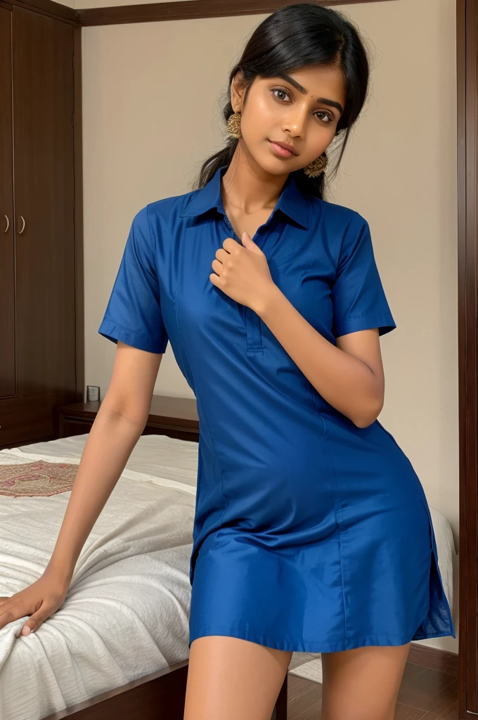 Indian girl stand on room , ware short kurta , jow line face, 