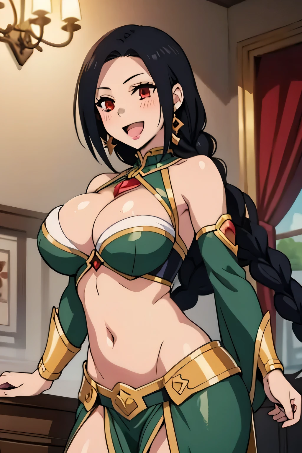 1girl,matoiboss,long hair, spiky hair ,mature woman, milf,red eyes, blush, lipstick, mature female, jewelry, earrings, masterpiece, best quality, highly detailed, fantasy , a anime girls in armored dress holding a sword
posing for a picture, evil smile, smile, open mouth, breastplate with open cleavage, cleavage, warrior
outfit, ecchi anime style, anime girls, ecchi style, (nsfw) not safe for work, ecchi, digital anime art!!, in
anime style, official artwork, visual novel cg, beautiful anime girl, anime style 4 k , loincloth, exposed
belly, exposed navel, exposed midriff, exposed lower belly, pencil skirt armored, castle,inside castle