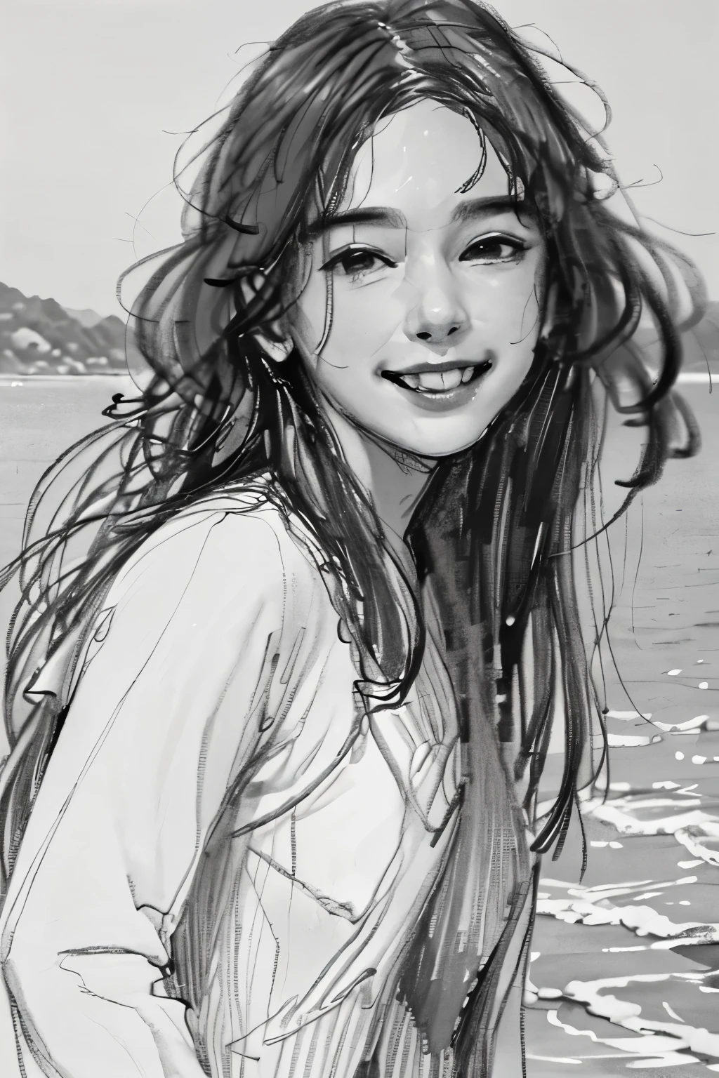 (best quality, masterpiece:1.2),(realistic, photorealistic:1.2),solo,standing in the shoreline with white loose dressBeautiful face, long haired girl with pony, an extremely delicate and beautiful scenery,lifelike,monochrome,sketch,traditional media,Pencil drawing, laugh wide teeth with dimples hard with emotion in her eyes in the ocean 